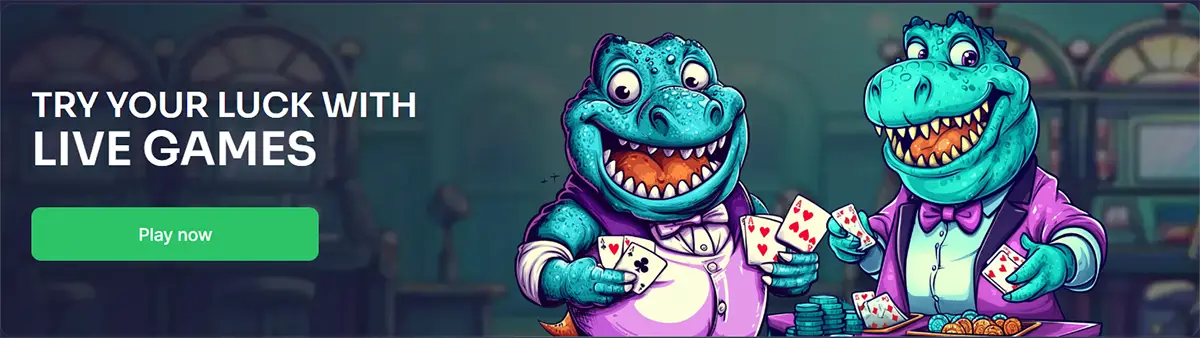 Live casino banner with two cartoon dinosaurs in tuxedos holding playing cards and chips, text “Try your luck with live games,” and a green “Play now” button.